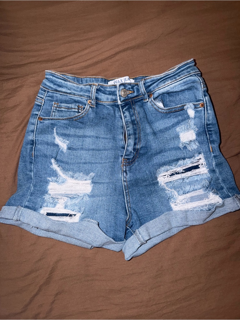Wax Jean Distressed Rolled-Hem Denim Shorts - Blue